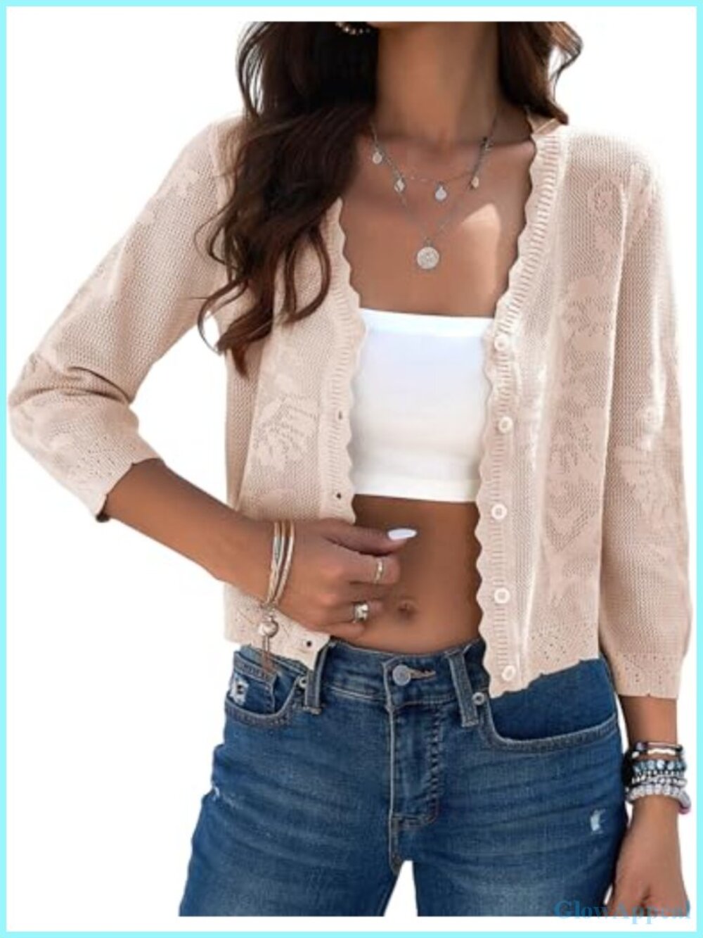 Crochet Crop Cardigan 3/4 Sleeve Button Up Shrug Lightweight Knit
